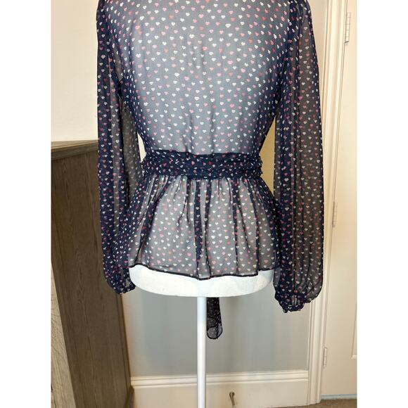Kate Spade | Navy Blue Lips Pattern Tie Waist Silk Blouse | Size 0 - Picture 14 of 17